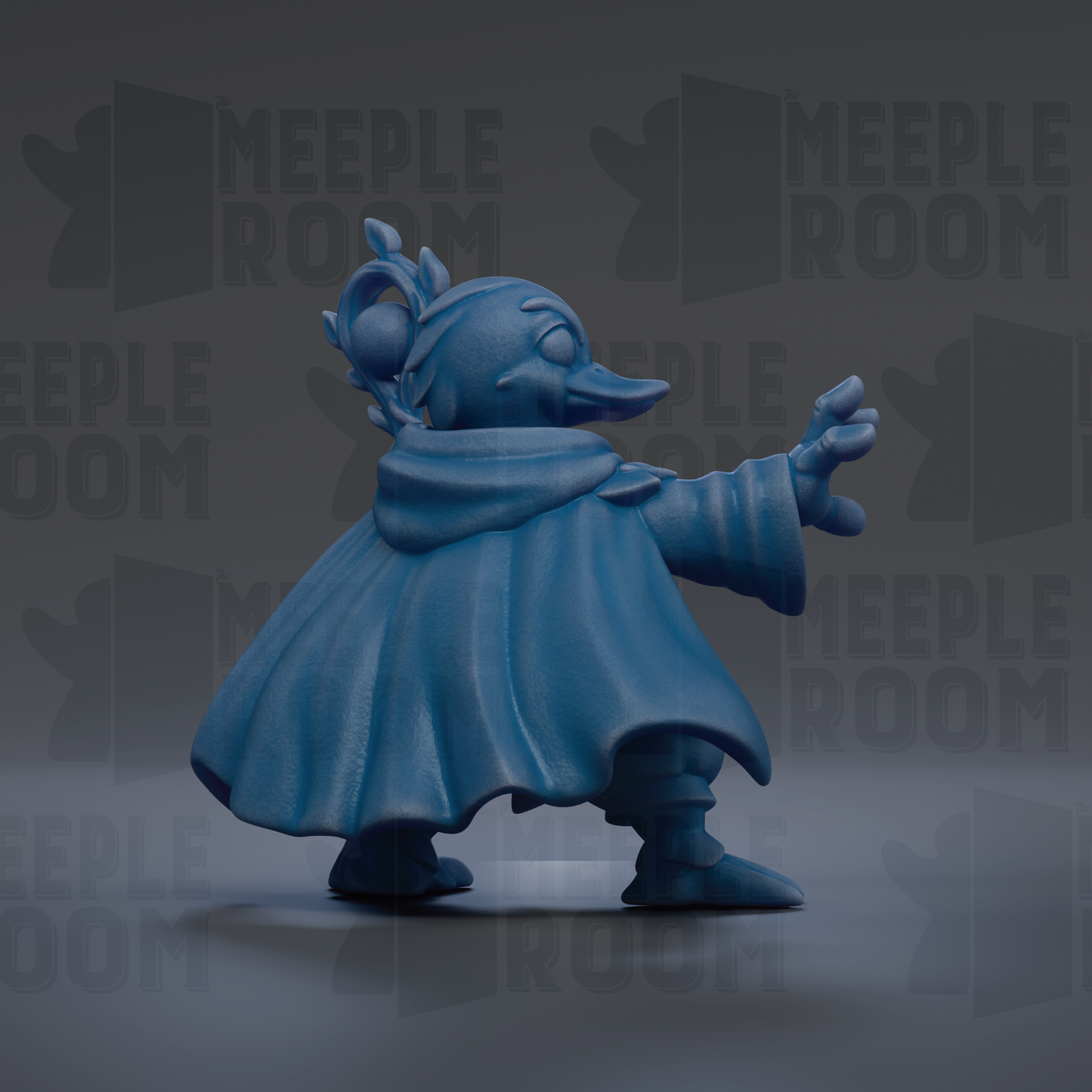 A blue, 3D-rendered duck figurine with a flowing cape and hat stands against a dark background with repeated "MEPLE ROOM" text.