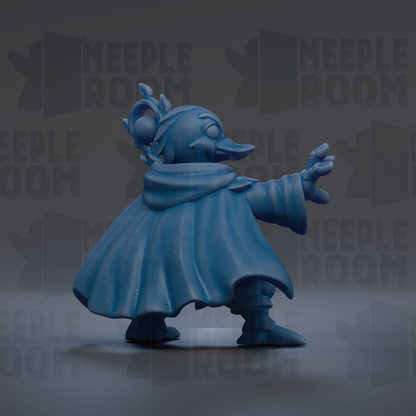A blue, 3D-rendered duck figurine with a flowing cape and hat stands against a dark background with repeated "MEPLE ROOM" text.