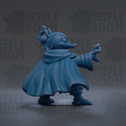 A blue, 3D-rendered duck figurine with a flowing cape and hat stands against a dark background with repeated "MEPLE ROOM" text.