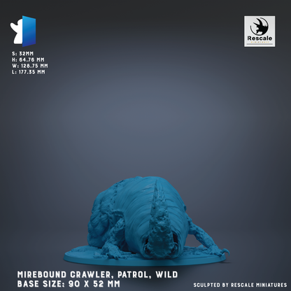 The image is a promotional image for a sculpture of a mirebound crawler, a type of wild insect. The sculpture is depicted in a blue color and is shown in a crouched position on a base. The image is described as a "base size: 90 x 52 mm" and is labeled as "sculpted by rescale miniatures".