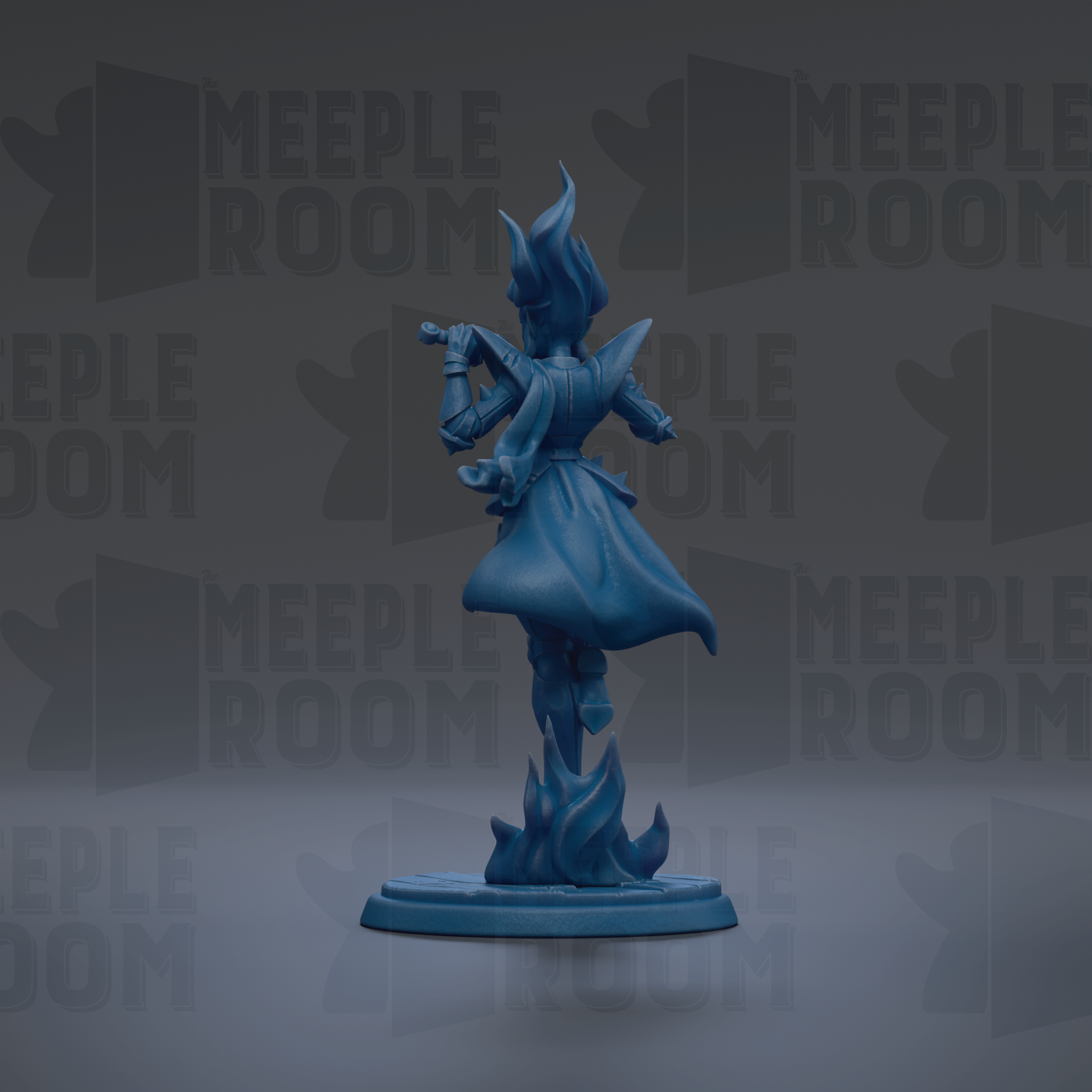 A blue figurine of a person with a flowing cape and a sword stands on a base, with the text "MEUPLE ROOM" repeated in the background.