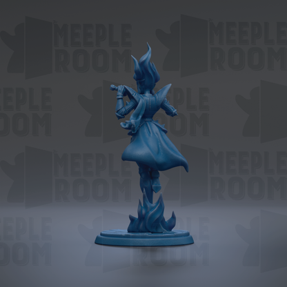 A blue figurine of a person with a flowing cape and a sword stands on a base, with the text "MEUPLE ROOM" repeated in the background.