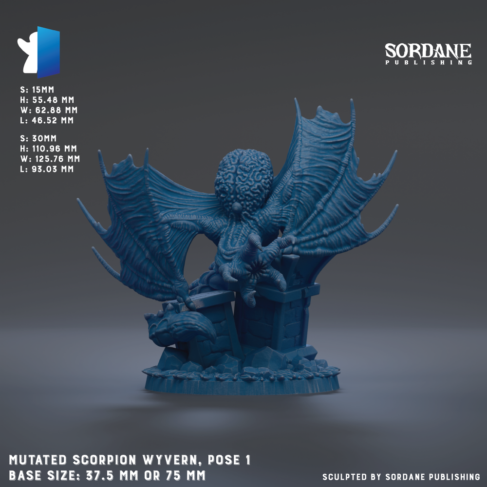 The image is a 3D rendering of a blue, winged creature resembling a dragon or mythical creature. The creature has a large head and wings, and it is sitting on a rock formation. The image is described as a "mutated scorpion" and is shown in a pose, with the creature's wings spread out. The base size of the figure is 37.5 mm or 75 mm, depending on the perspective. The image is published by Sordane Publishing.