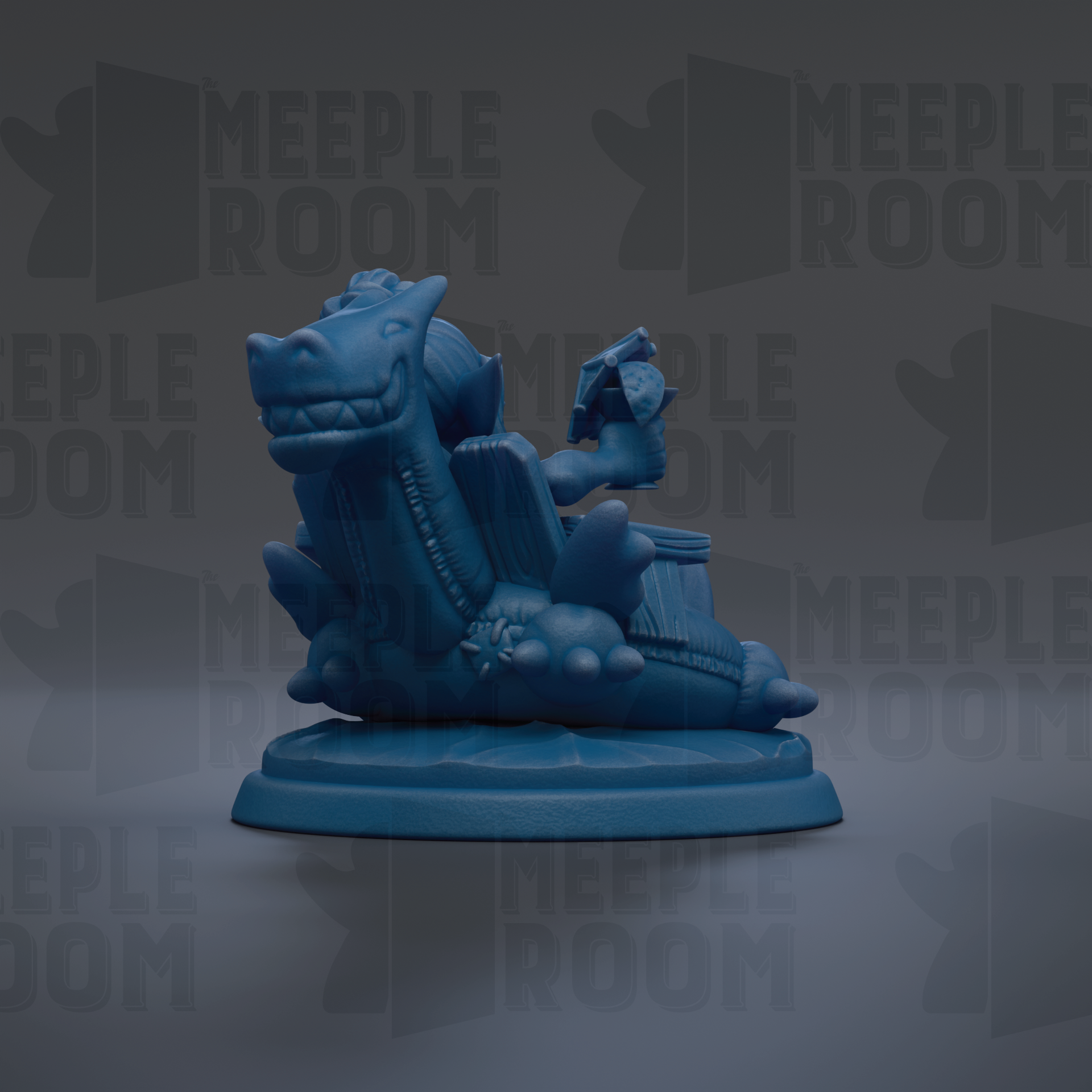 A blue dragon figurine is sitting on a pedestal against a dark background with repeated text.