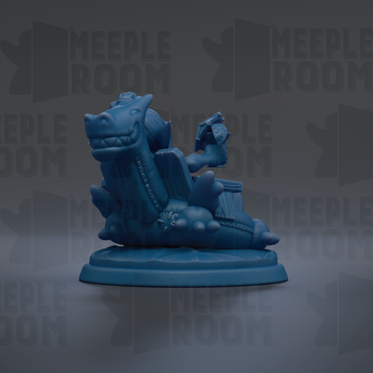 A blue dragon figurine is sitting on a pedestal against a dark background with repeated text.
