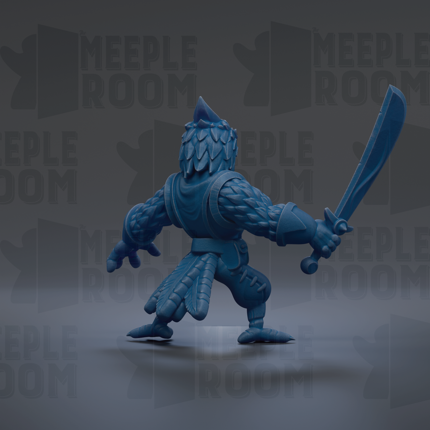 A blue, 3D-rendered character with a sword in its right hand, standing against a dark background with repeated text.