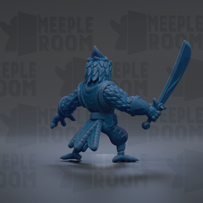 A blue, 3D-rendered character with a sword in its right hand, standing against a dark background with repeated text.
