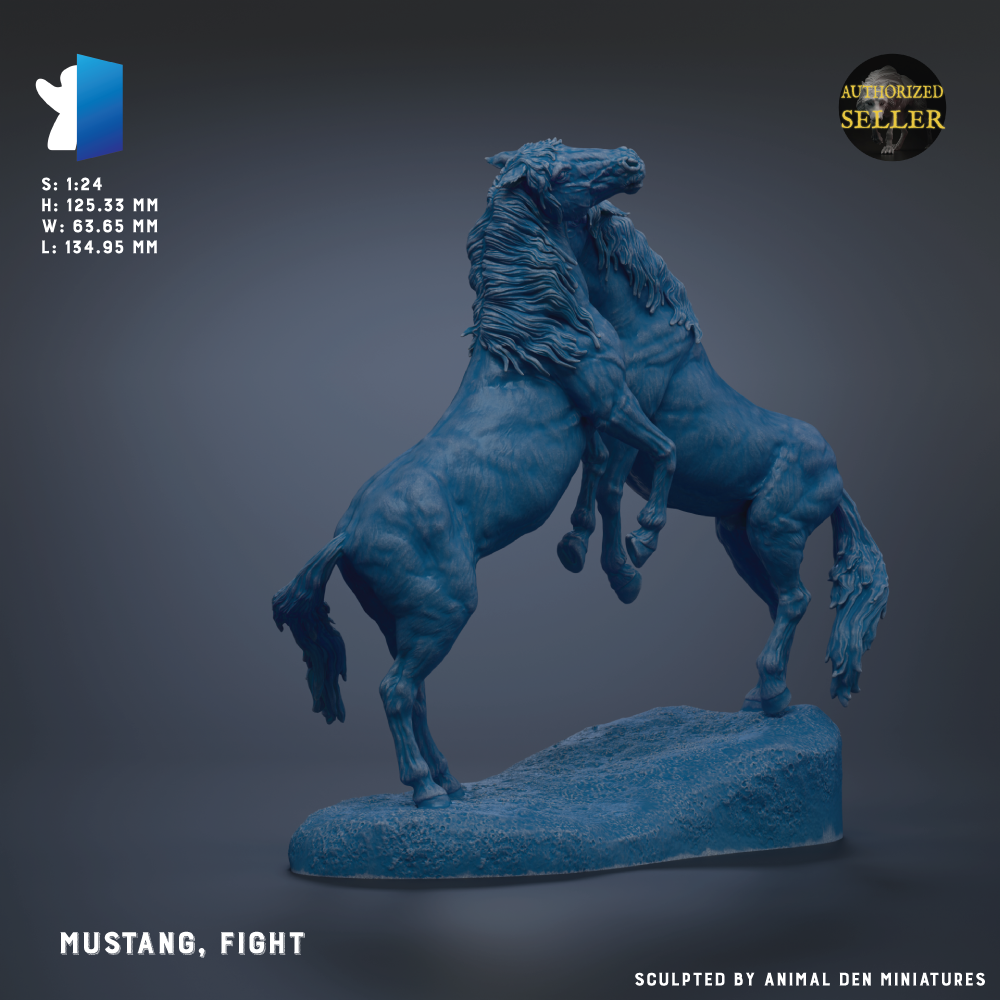 a blue statue of two horses engaged in a fierce battle, with one horse appearing to be charging at the other.