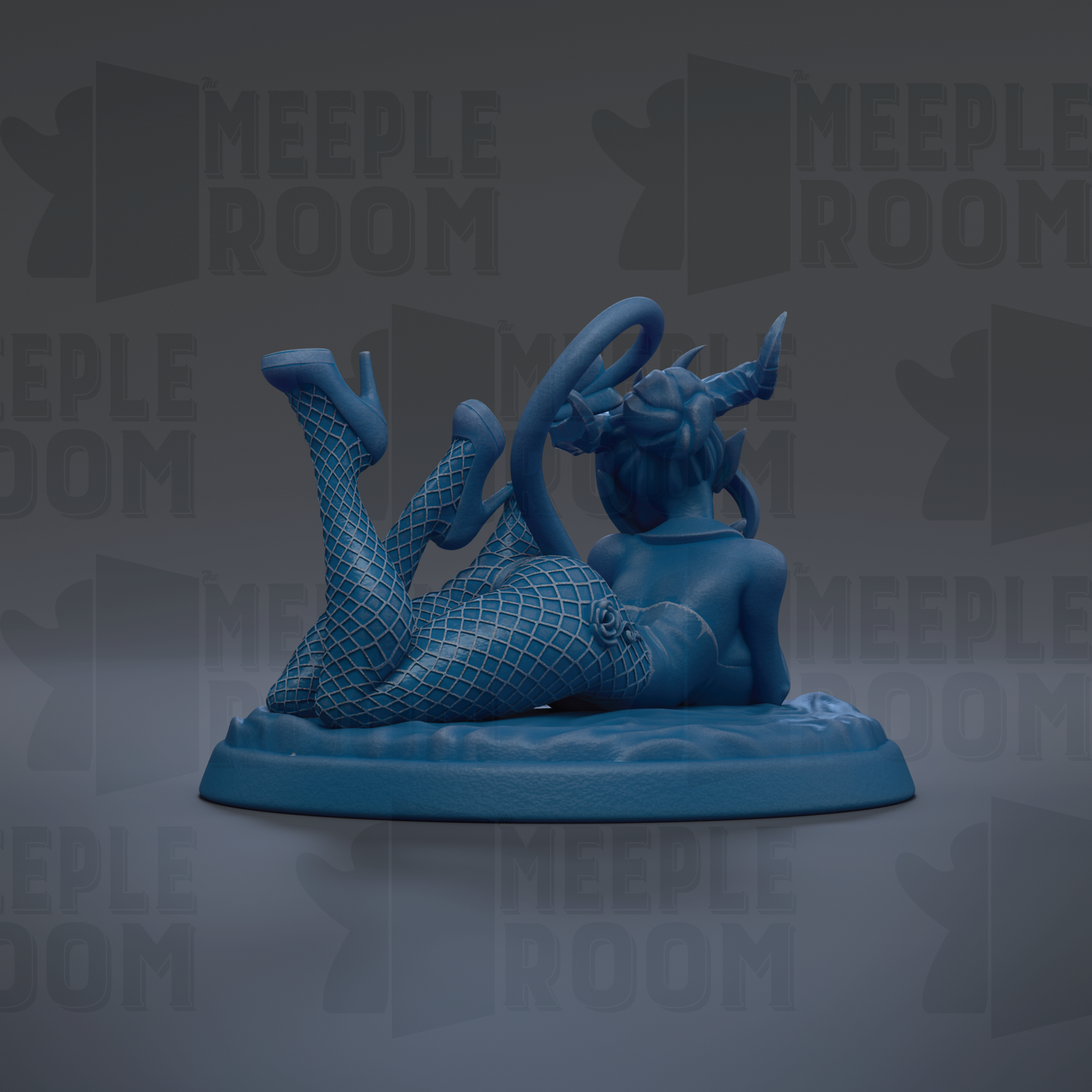 A blue figurine of a woman with fishnet stockings and high heels, lying on her back with her legs crossed, is the main focus of the image.