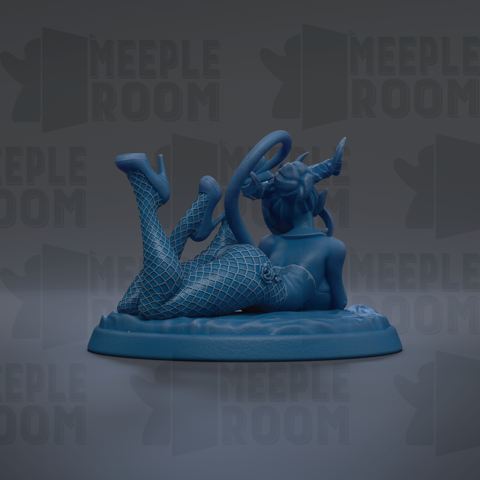 A blue figurine of a woman with fishnet stockings and high heels, lying on her back with her legs crossed, is the main focus of the image.