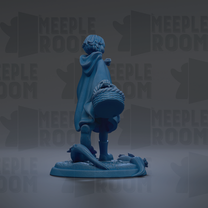 A blue figurine of a person standing on a base, holding a basket, against a dark background with repeated text.