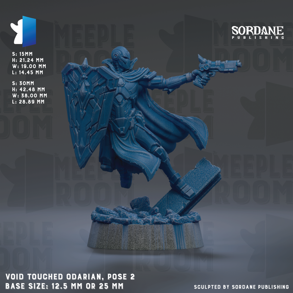 a blue, armored figure wielding a weapon, possibly a gun, in a dynamic pose. The figure is shown in a dynamic pose, with one leg raised and the other bent at the knee. The background is dark, providing a stark contrast to the figure. The image is a collage of multiple images, and the base size is either 12.5 mm or 25 mm. The image is published by Sordane Publishing.