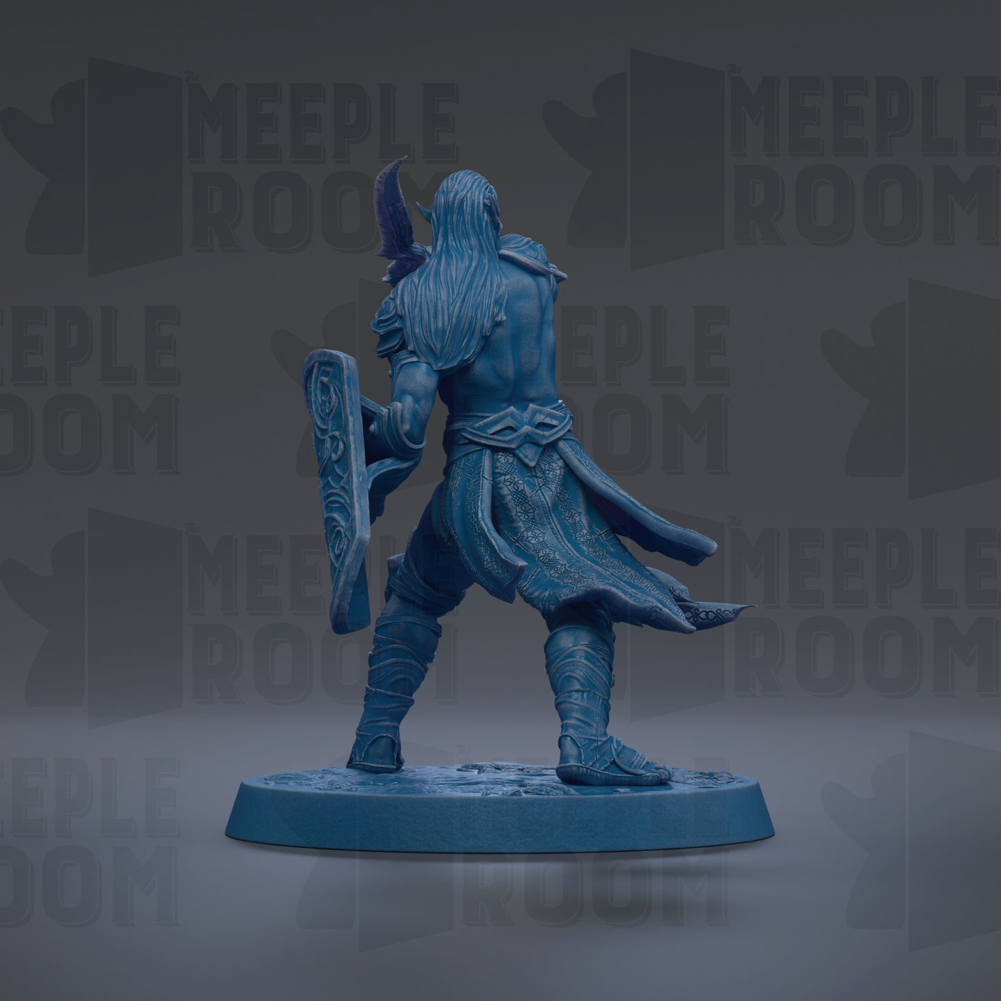 A blue figurine of a warrior standing on a base, holding a shield and sword, against a dark background with repeated text.