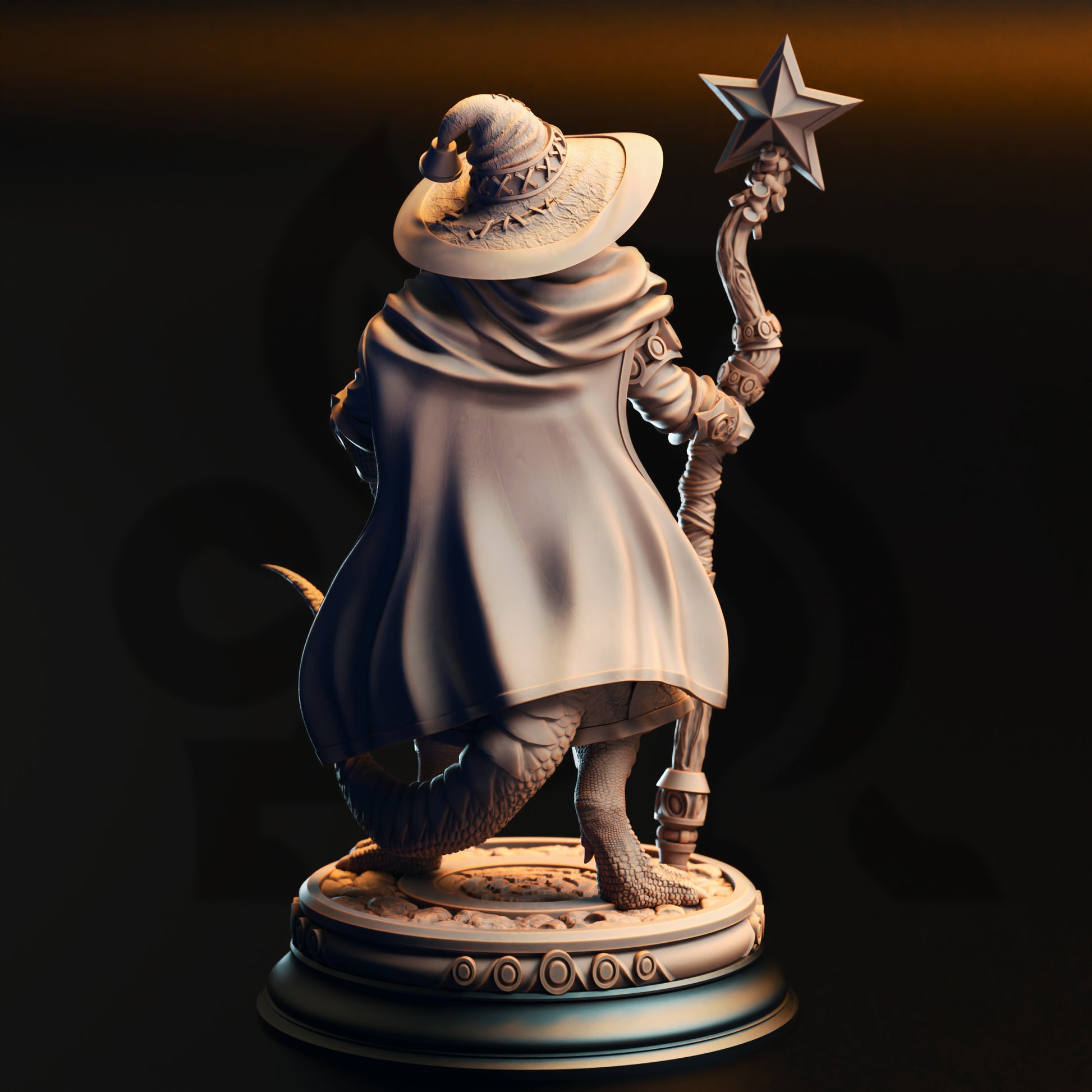 A 3D rendering of a wizard statue, wearing a hat and holding a star, standing on a pedestal.