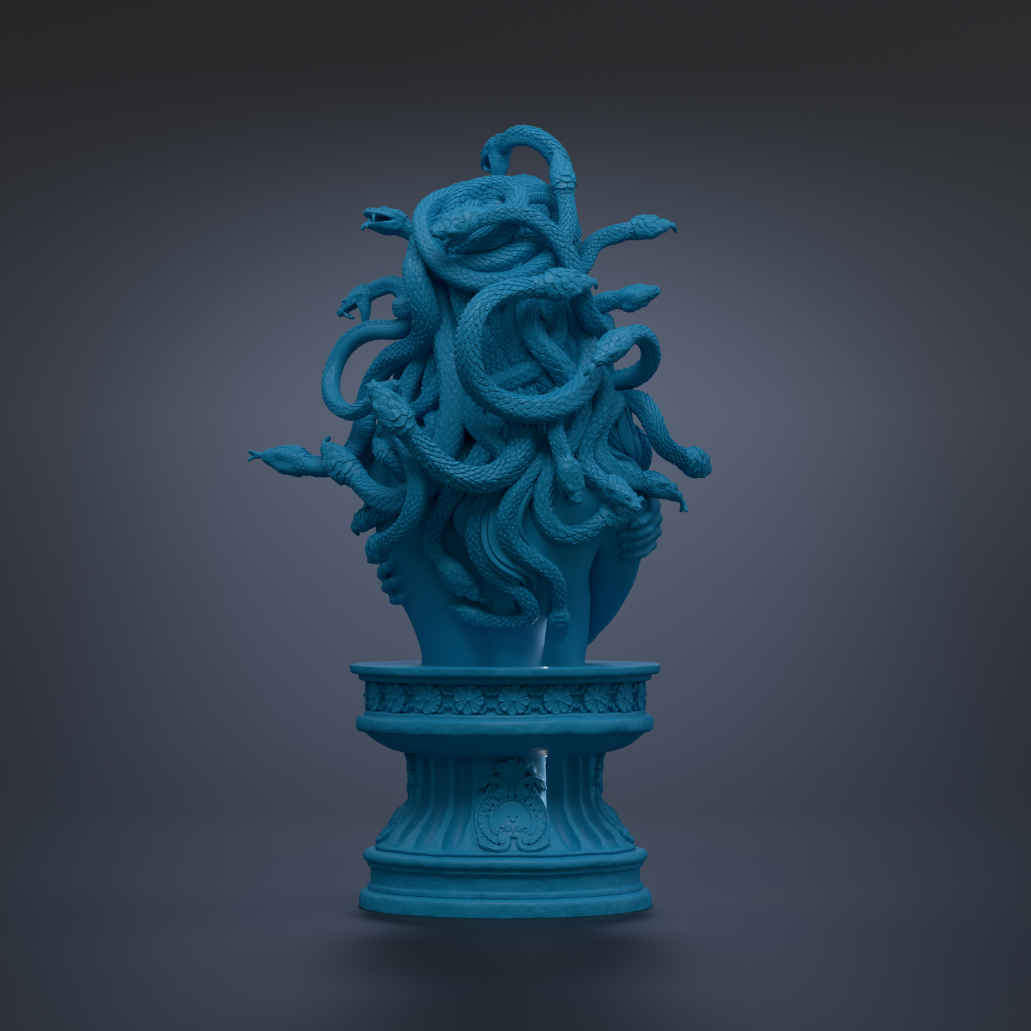 A blue statue of a snake coiled around a pedestal, with intricate details and a dark background.