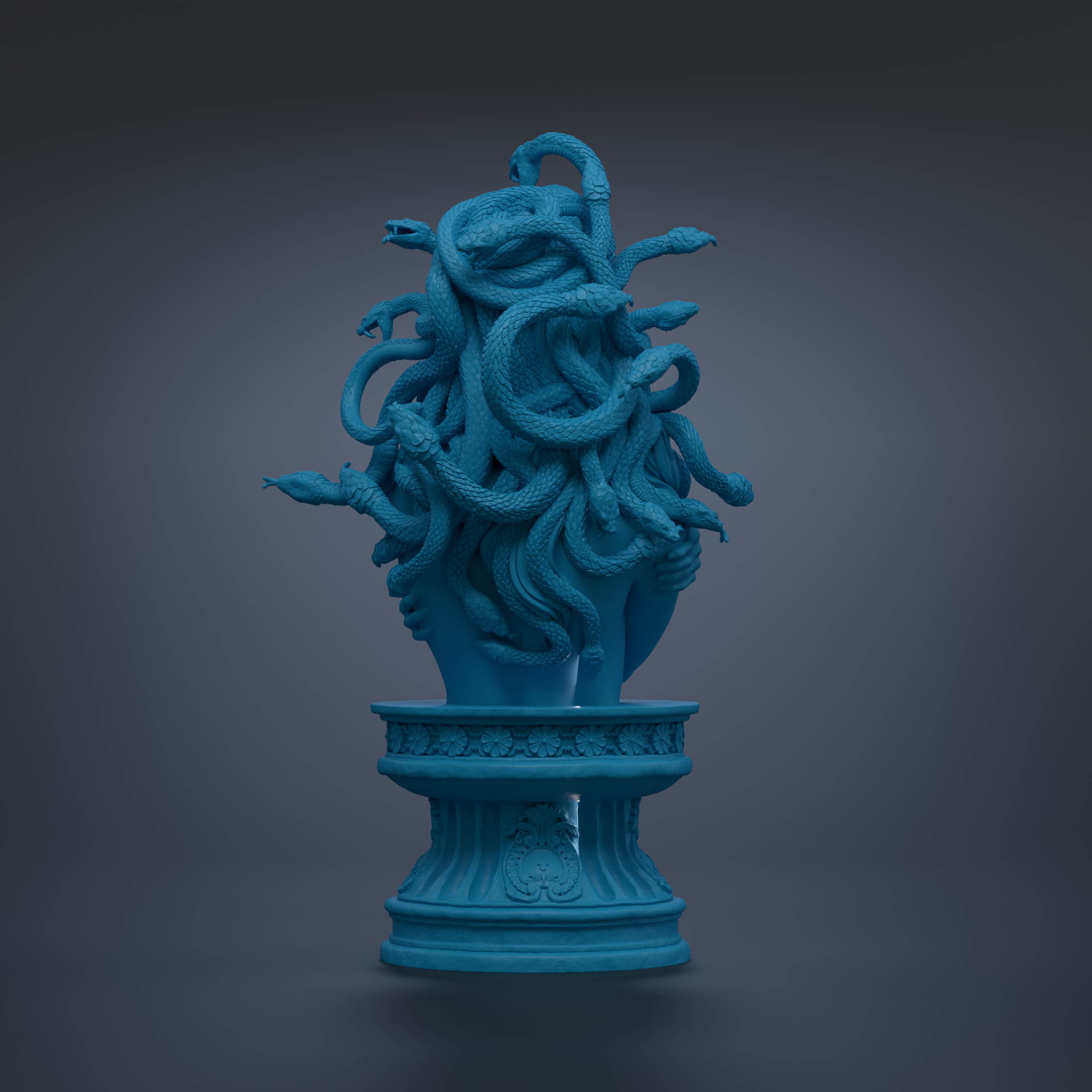 A blue statue of a snake coiled around a pedestal, with intricate details and a dark background.