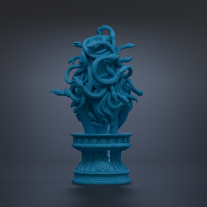 A blue statue of a snake coiled around a pedestal, with intricate details and a dark background.