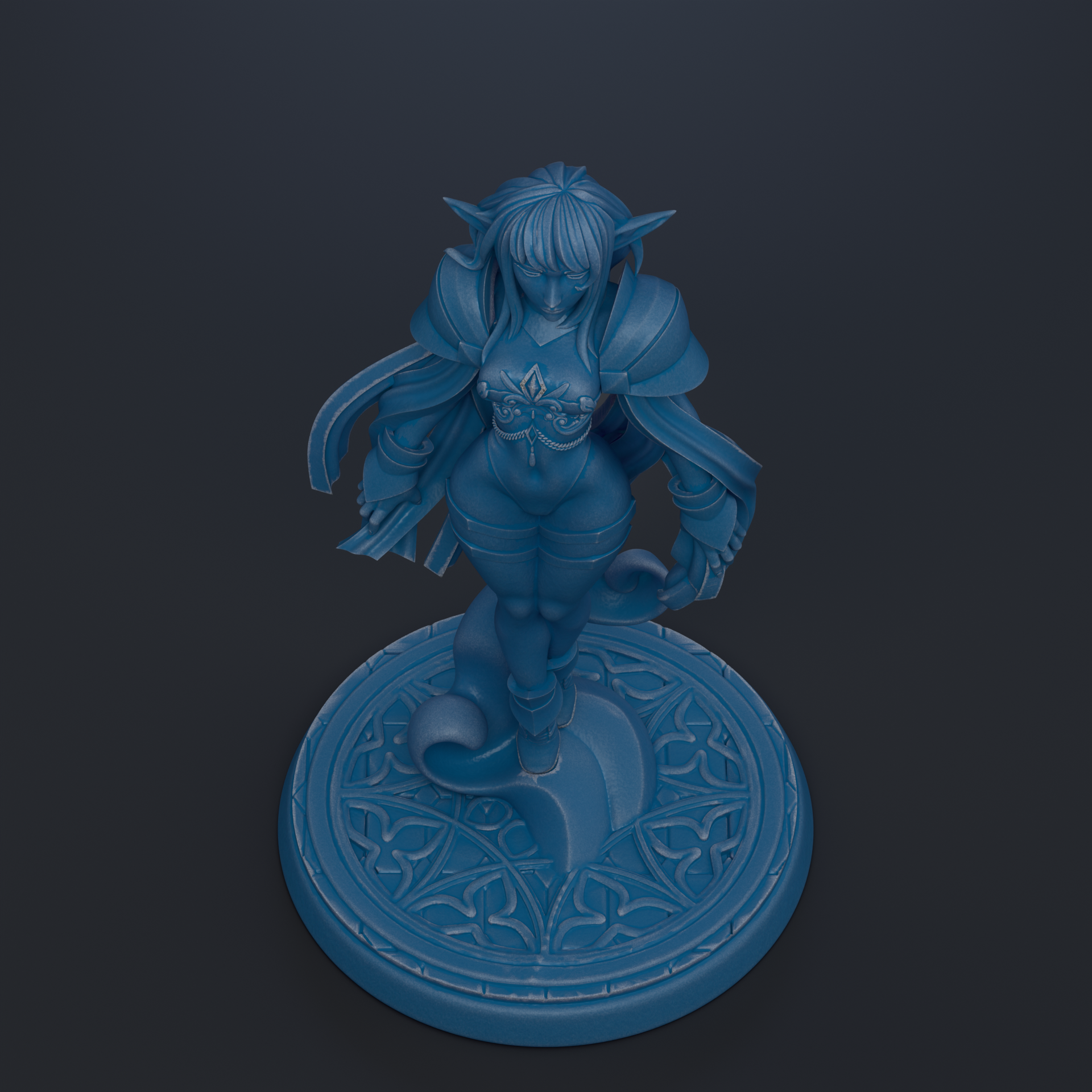 A blue figurine of a female character with long hair and a flowing robe, standing on a circular base with an intricate design.
