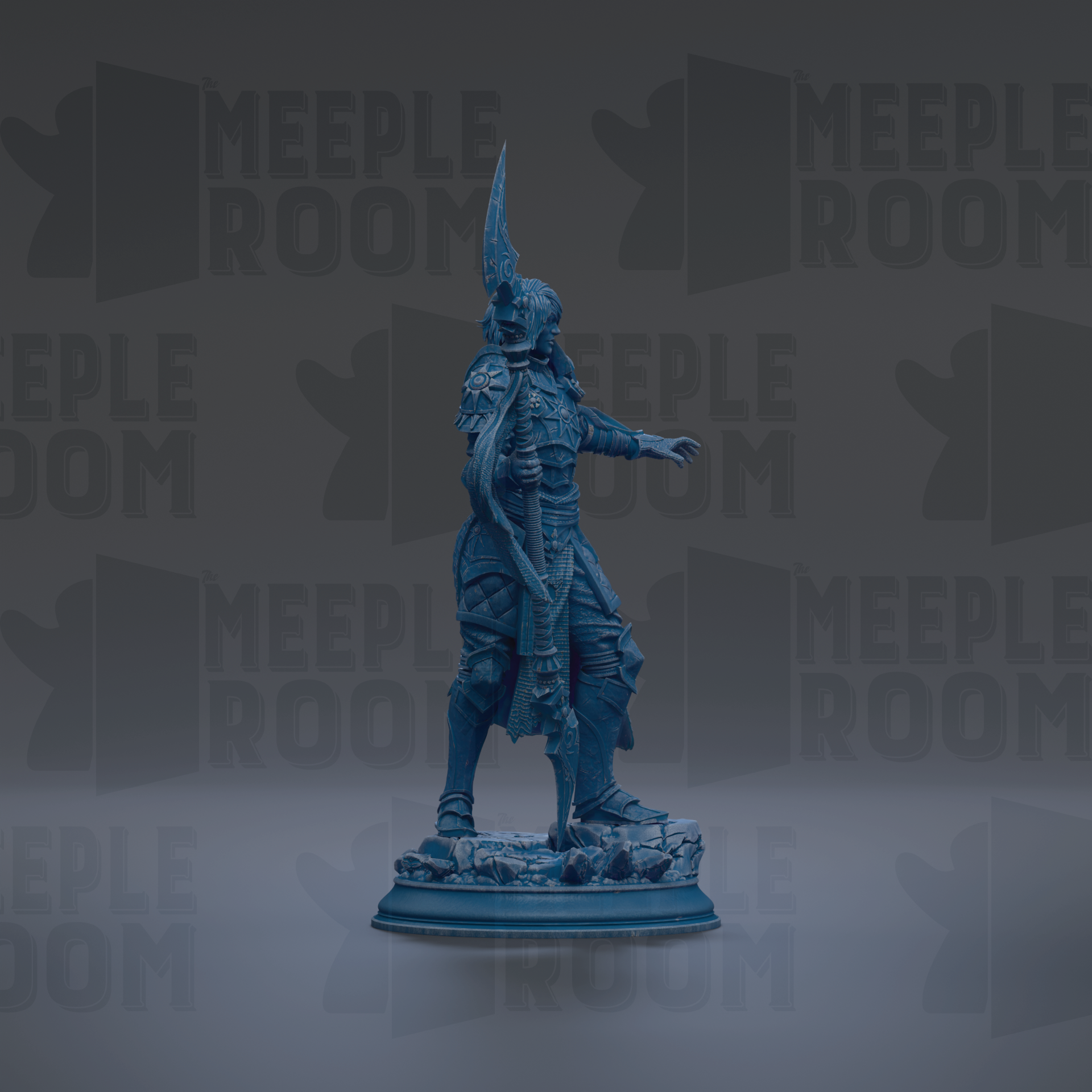 A blue statue of a warrior figure standing on a pedestal against a dark background with repeated text.