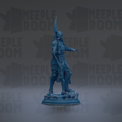 A blue statue of a warrior figure standing on a pedestal against a dark background with repeated text.