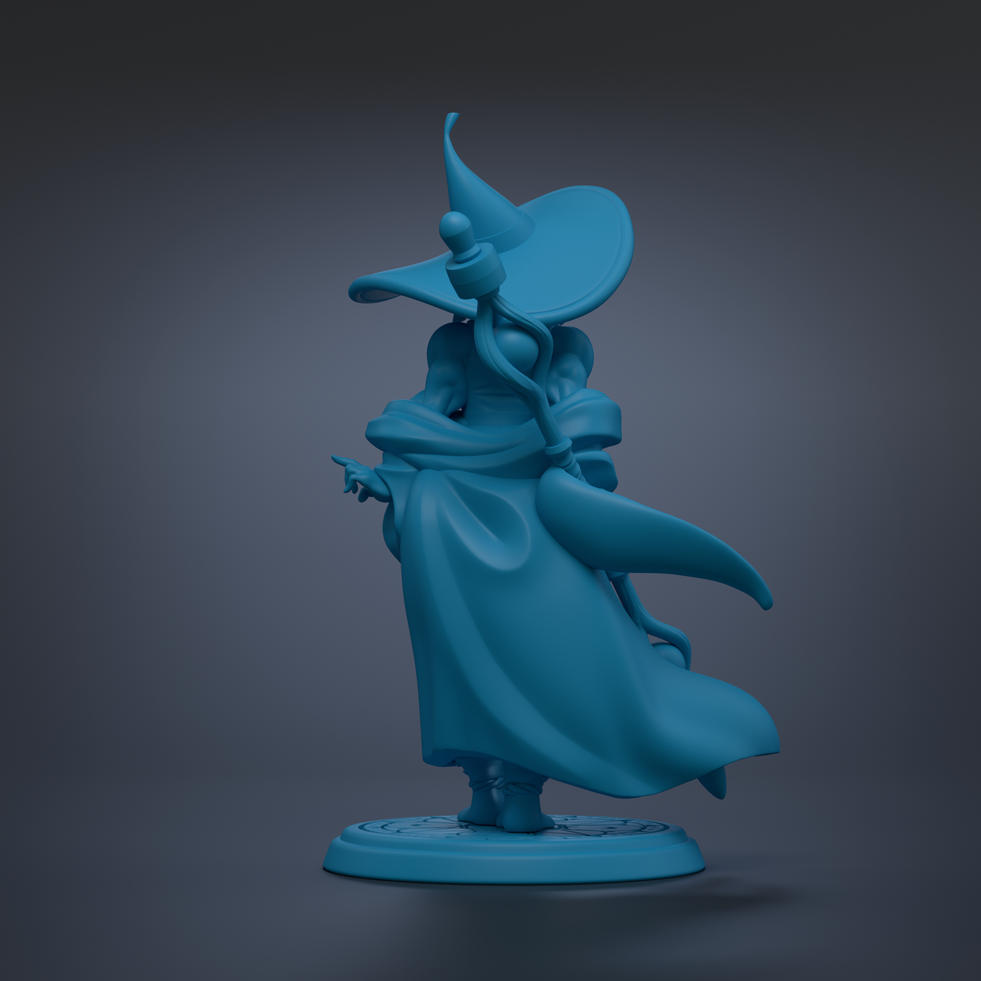 A blue 3D model of a figure wearing a pointed hat and flowing robe, standing on a base.