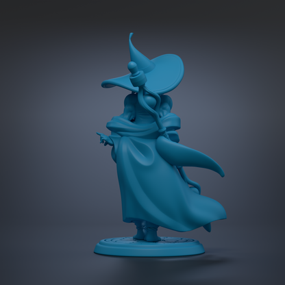 A blue 3D model of a figure wearing a pointed hat and flowing robe, standing on a base.