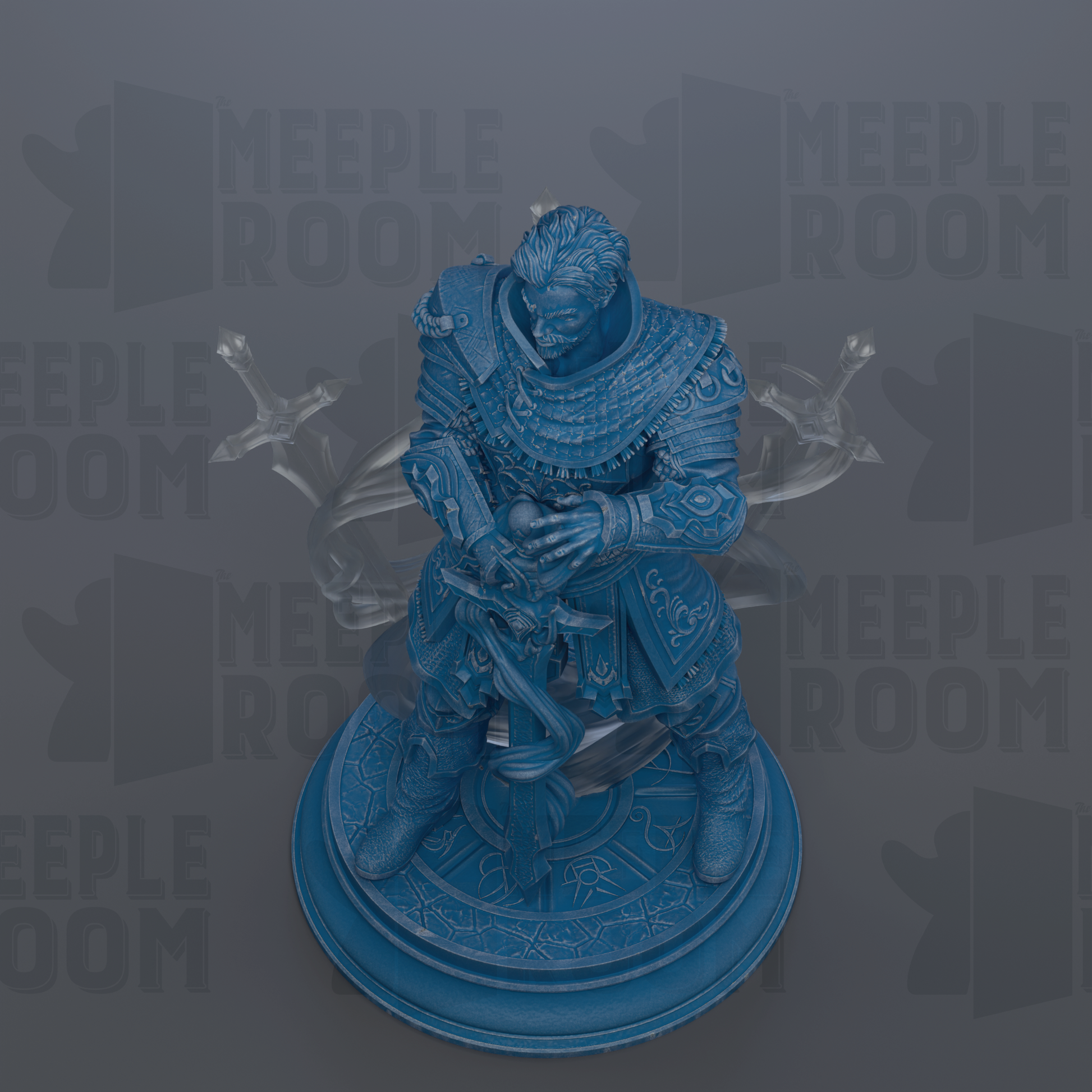 A blue statue of a warrior figure holding a shield and sword, standing on a pedestal.