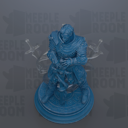 A blue statue of a warrior figure holding a shield and sword, standing on a pedestal.
