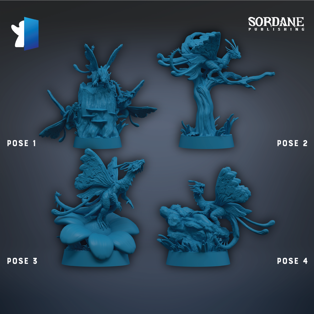 four different poses of a blue dragon figurine, each with a unique design and pose.