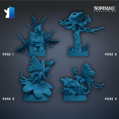 four different poses of a blue dragon figurine, each with a unique design and pose.
