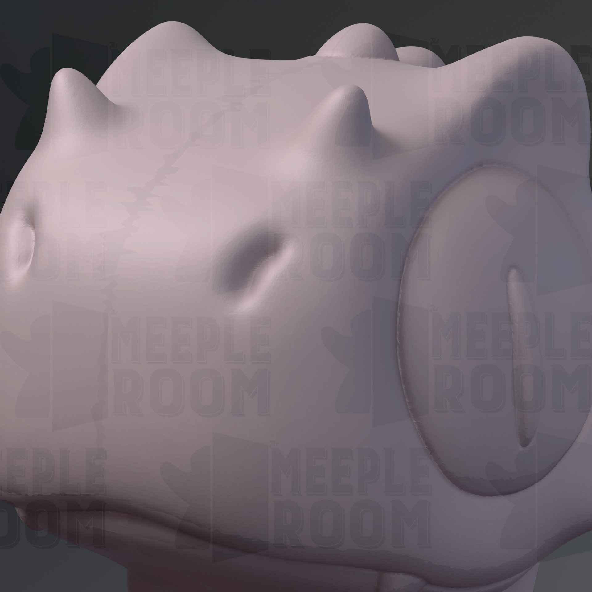 The image is a close-up of a 3D rendering of a dinosaur head, with the text "MEEPLE ROOM" visible in the background.