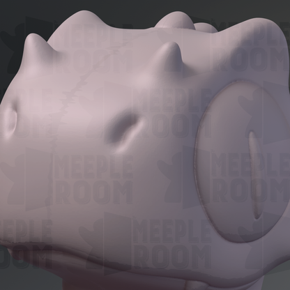 The image is a close-up of a 3D rendering of a dinosaur head, with the text "MEEPLE ROOM" visible in the background.