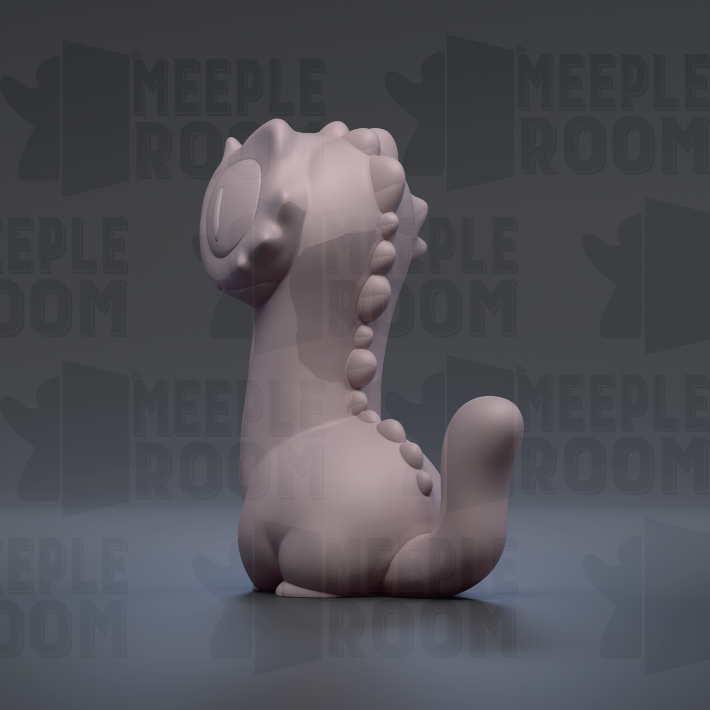 A 3D rendering of a small, light pink dinosaur-like creature with spikes on its back, sitting on a dark surface.