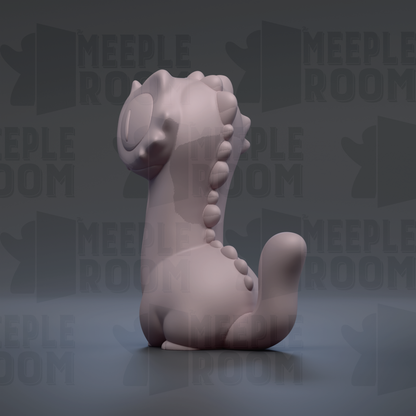 A 3D rendering of a small, light pink dinosaur-like creature with spikes on its back, sitting on a dark surface.