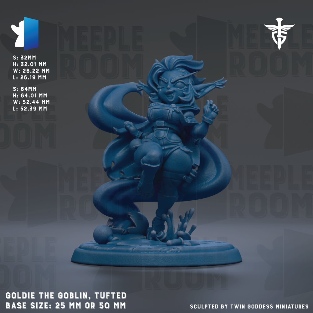 The image is a detailed 3D model of a character named GOLDIE the Goblin, who is depicted in a tufted pose. The character is shown in a dynamic pose, with a large scarf wrapped around its neck and a large headdress on its head. The base size of the character is either 25mm or 50mm, depending on the perspective. The image is a sculpture by TWIN GODESS MINIATURES, and it is described as a "MEEPLE ROOM" based on the context provided.