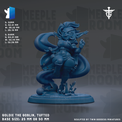 The image is a detailed 3D model of a character named GOLDIE the Goblin, who is depicted in a tufted pose. The character is shown in a dynamic pose, with a large scarf wrapped around its neck and a large headdress on its head. The base size of the character is either 25mm or 50mm, depending on the perspective. The image is a sculpture by TWIN GODESS MINIATURES, and it is described as a "MEEPLE ROOM" based on the context provided.