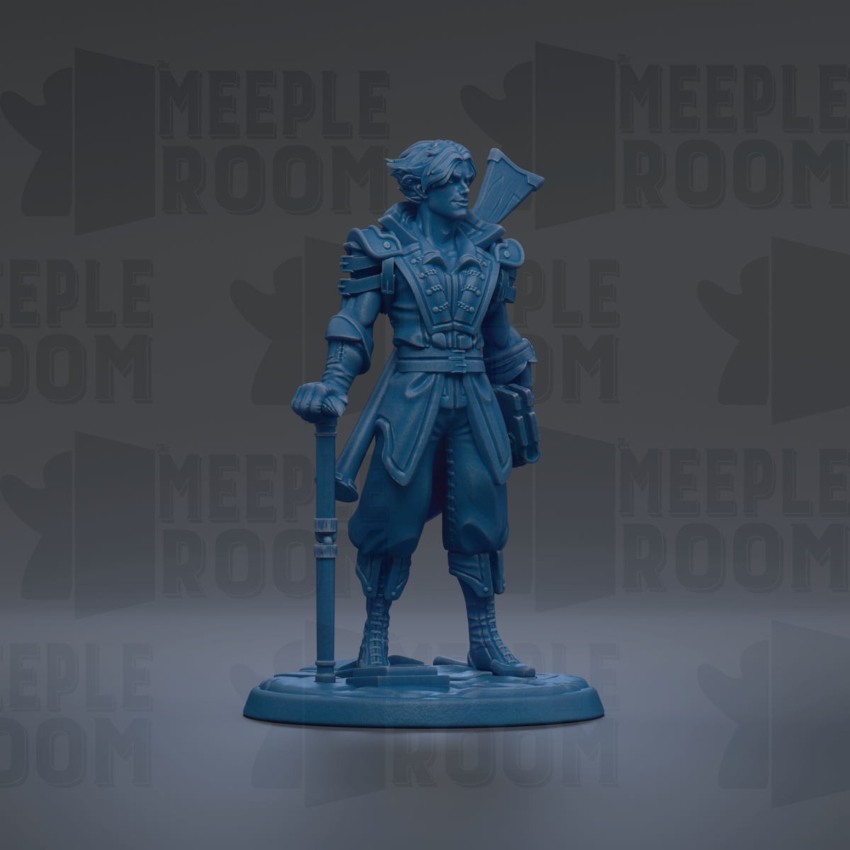 A blue figurine of a person standing in a pose, with a sword in their hand, against a dark background with repeated text.