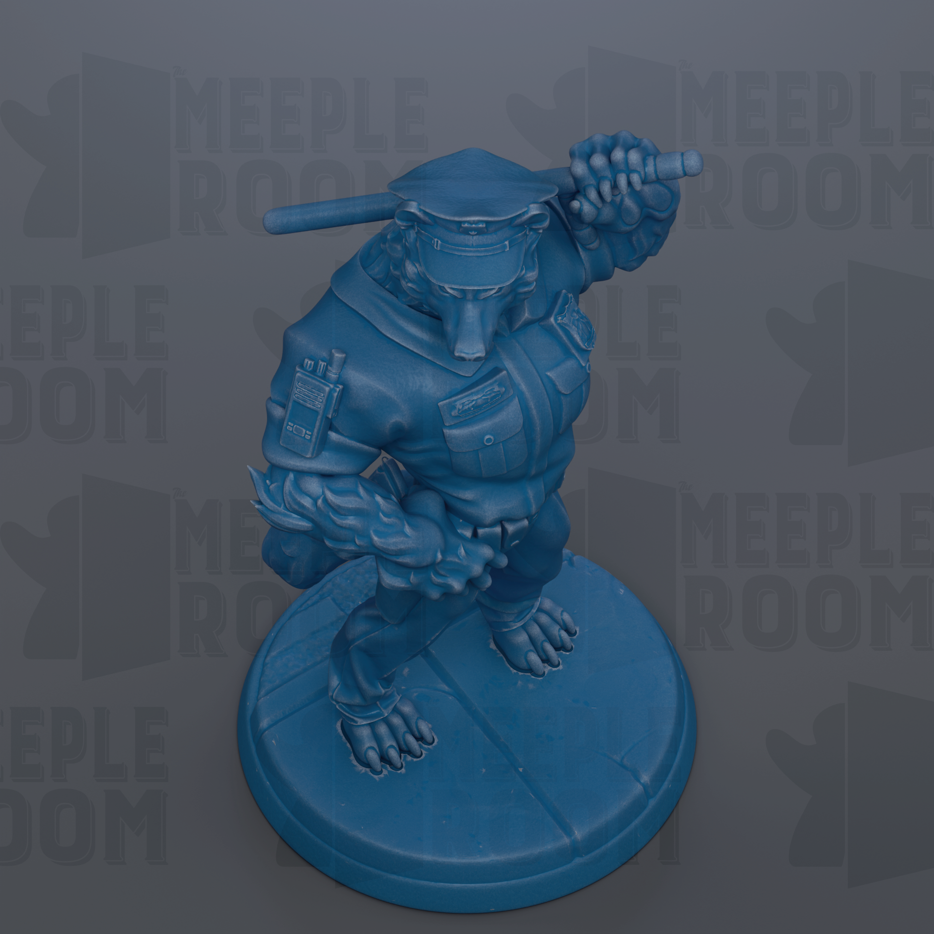 A blue, 3D-rendered toy police officer figurine is depicted in a dynamic pose, holding a bat and standing on a platform.