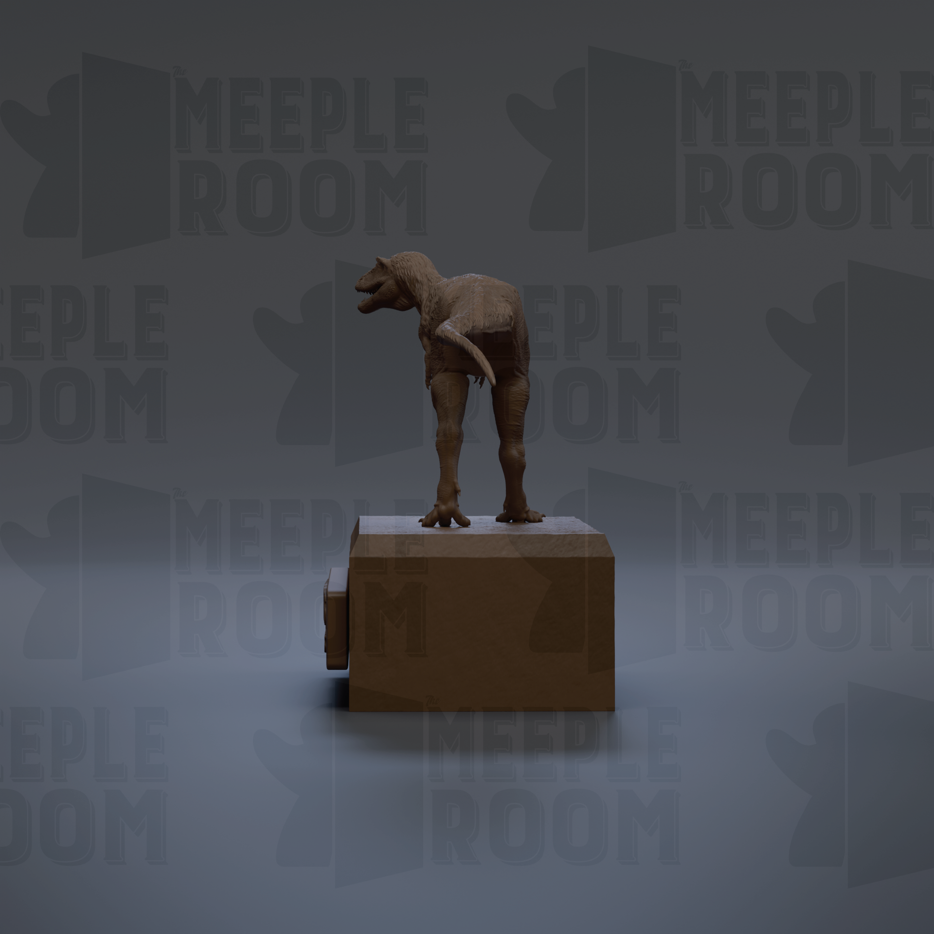 A 3D rendering of a dinosaur statue standing on a rectangular base against a dark background with repeated text.