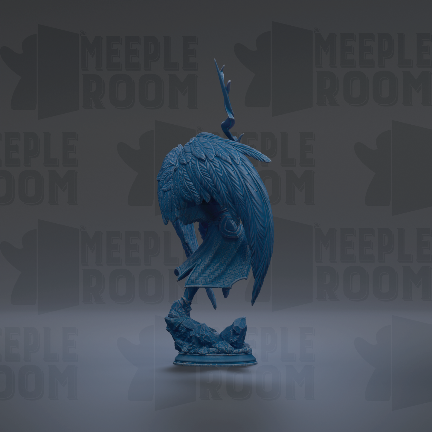 A blue, winged statue stands on a rock against a dark background with repeated "MEUPLE ROOM" text.