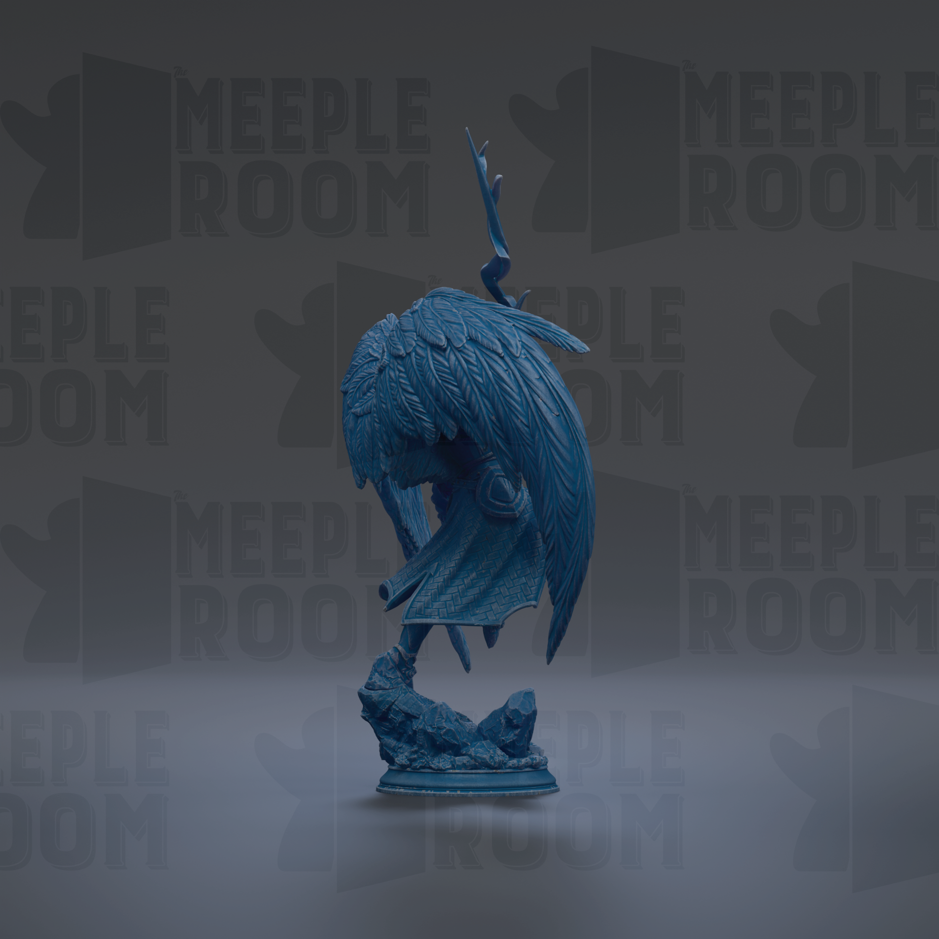 A blue, winged statue stands on a rock against a dark background with repeated "MEUPLE ROOM" text.