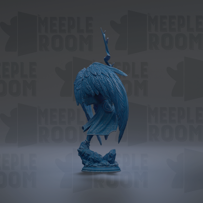 A blue, winged statue stands on a rock against a dark background with repeated "MEUPLE ROOM" text.
