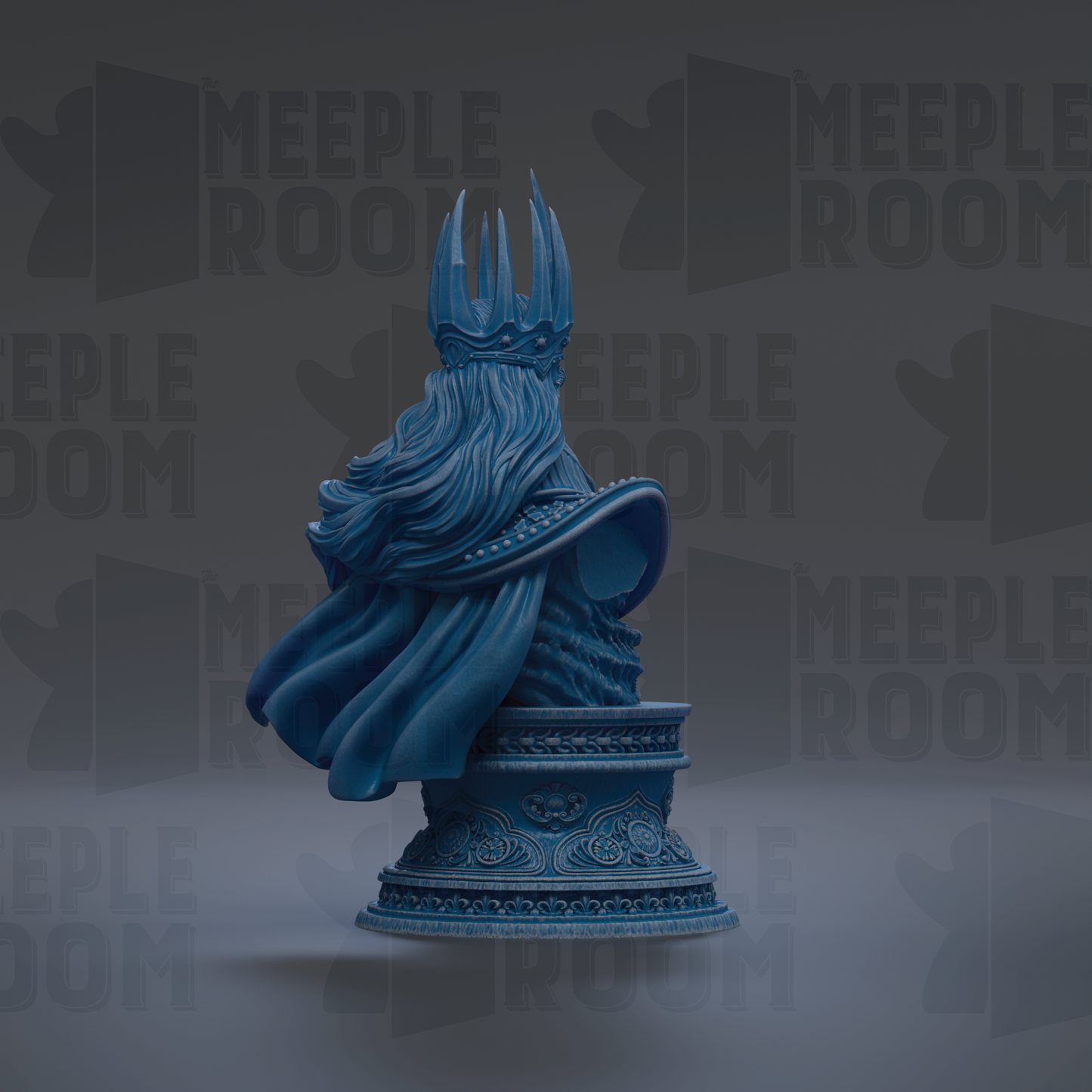 A blue statue of a figure with a crown and flowing robes, standing on a pedestal against a dark background with repeated text.