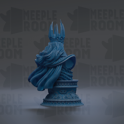 A blue statue of a figure with a crown and flowing robes, standing on a pedestal against a dark background with repeated text.