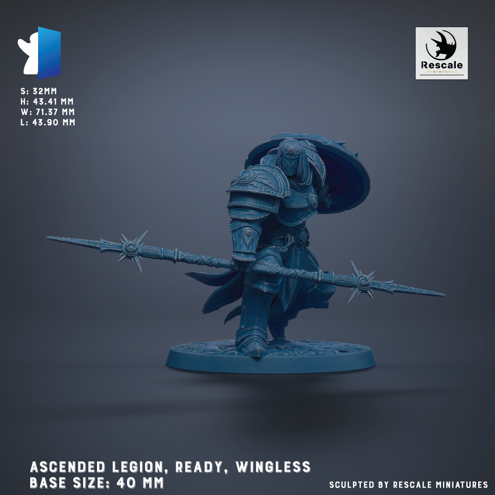 a detailed, blue-colored figurine of a wingless warrior standing on a base, ready for battle. The figurine is described as an "ascended Legion, Ready, Wingless" and is shown in various base sizes, ranging from 40 to 70 millimeters. The figurine is sculpted by Rescale miniatures, as indicated by the text at the bottom of the image.