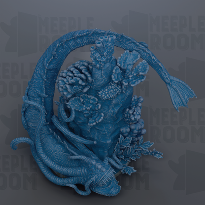 A 3D rendering of a blue, fantastical creature resembling a dragon or serpent, with intricate details and textures.