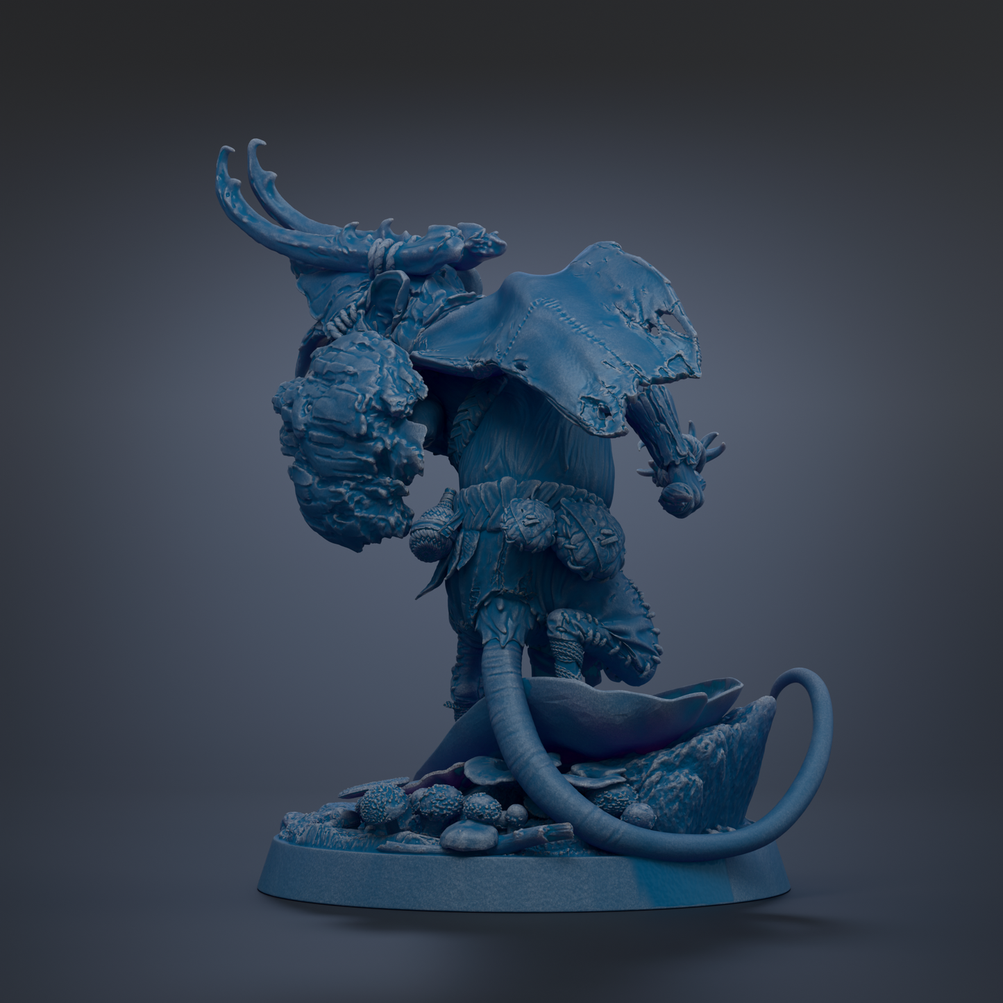 A blue, 3D-rendered statue of a fantastical creature with horns and a large head, standing on a base with various other elements.