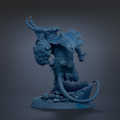 A blue, 3D-rendered statue of a fantastical creature with horns and a large head, standing on a base with various other elements.