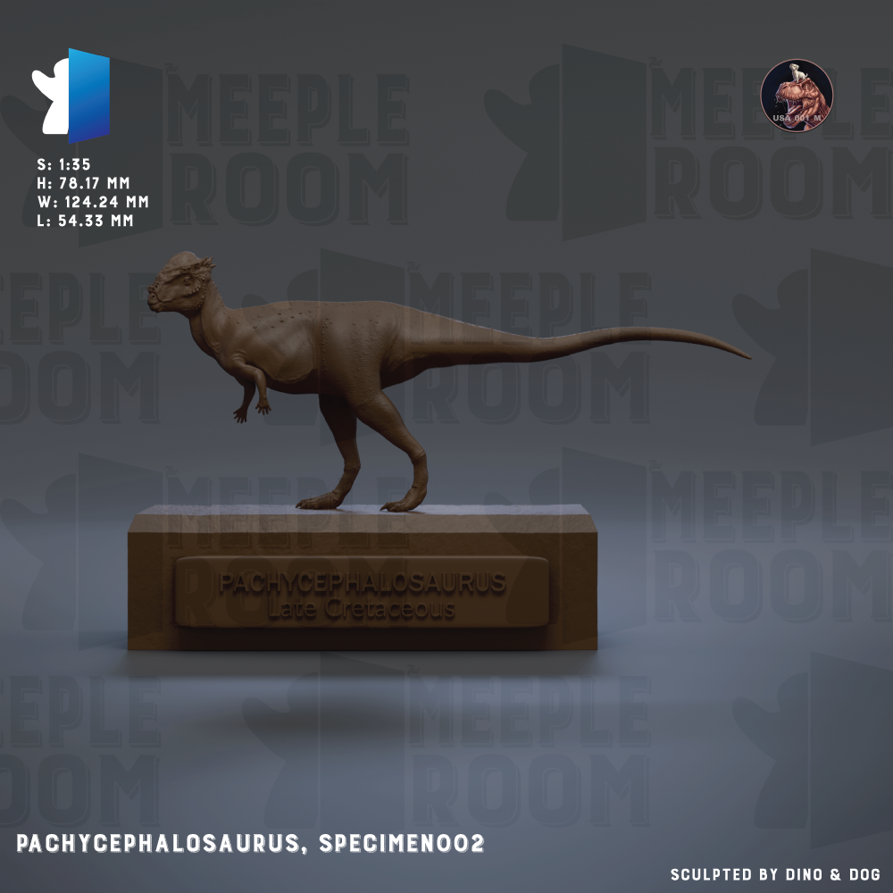 a 3D model of a Pachycephalosaurus, a dinosaur species, displayed on a wooden base.