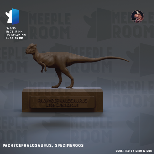 a 3D model of a Pachycephalosaurus, a dinosaur species, displayed on a wooden base.